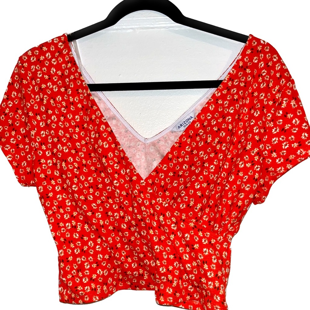 Arizona Jean Red/White Floral  Deep-V Faux Wrap Crop Blouse L